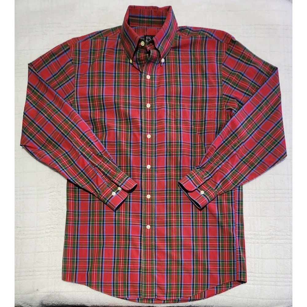 Jos A Bank Travelers Collection Mens Button-up Long Sleeve Shirt Small Red Plaid